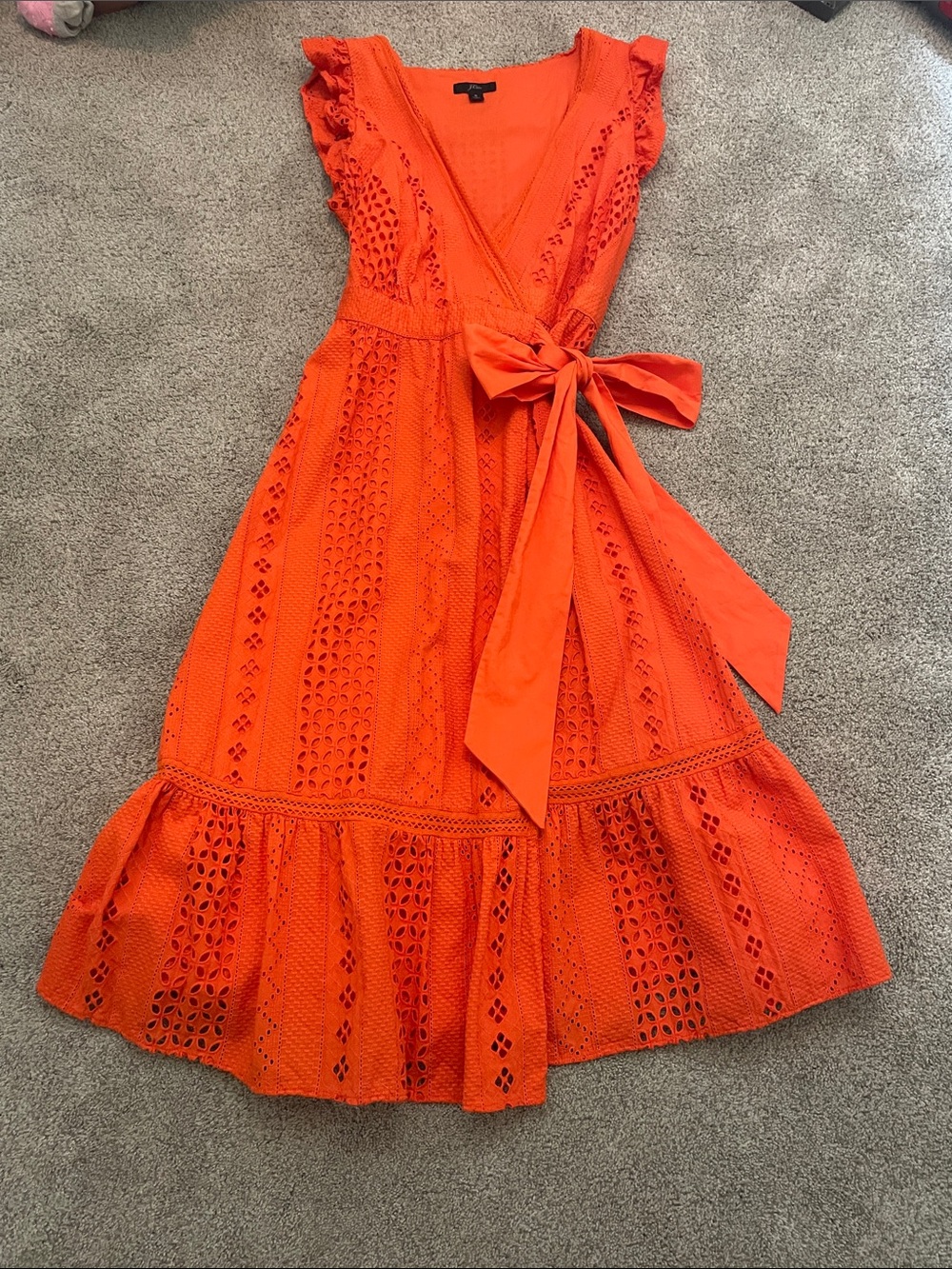 J. Crew Orange Eyelet Wrap Midi Dress with Tie Waist